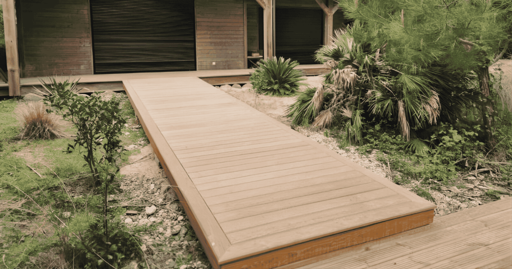 Terrasse en bois en lames larges formant un cheminement vers la maison, Seignosse